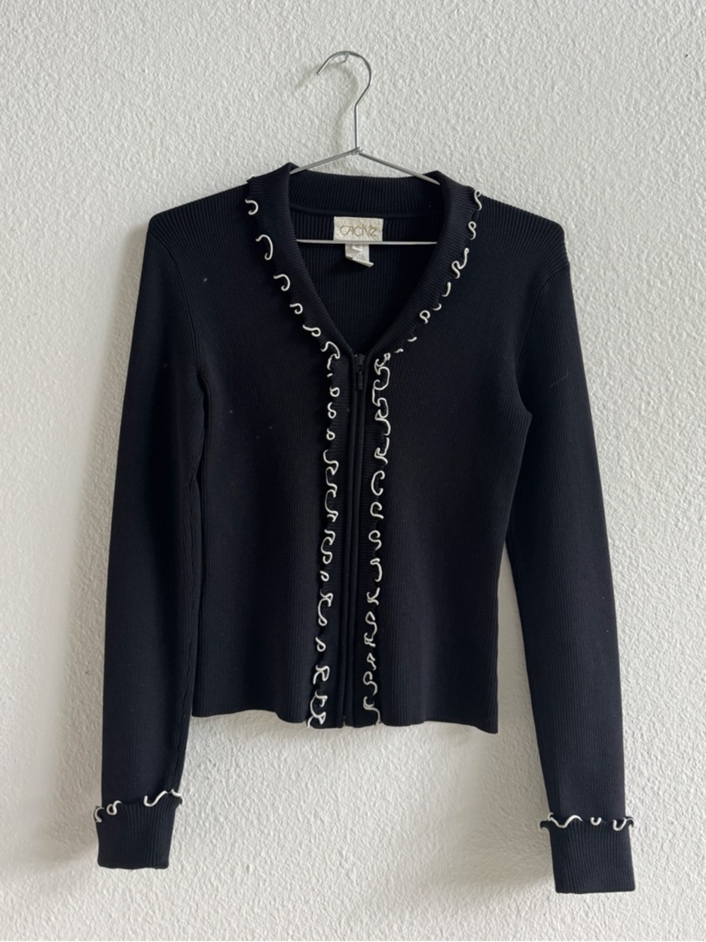 CACHE Vintage Ribbed Cardigan with White Loop Trim SZ M